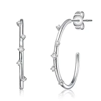 Sterling Silver White Gold Plated with 0.09ct Lab Created Moissanite Station C-Hoop Earrings