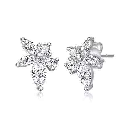 Sterling Silver White Gold Plated with Lab Created Moissanite Leaf Cluster Stud Earrings