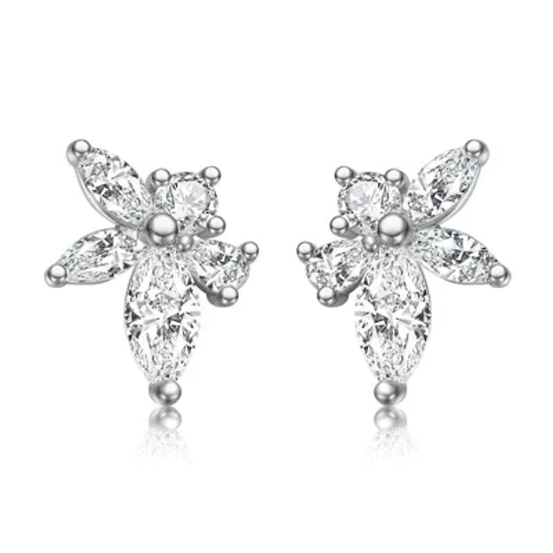 Sterling Silver White Gold Plated with Lab Created Moissanite Leaf Cluster Stud Earrings