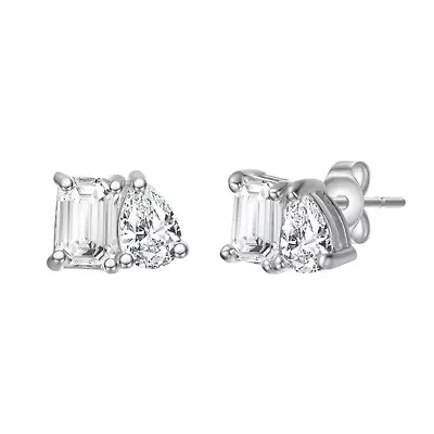 Sterling Silver White Gold Plated with Lab Created Moissanite Toi et Moi Stud Earrings