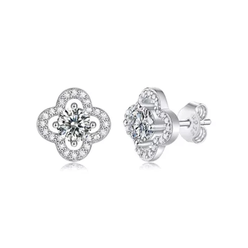 Sterling Silver White Gold Plated with 0.50ctw Lab Created Moissanite Four-Leaf Halo Cluster Stud Earrings