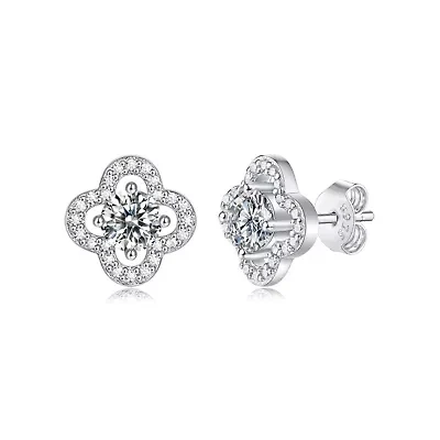 Sterling Silver White Gold Plated with 0.50ctw Lab Created Moissanite Four-Leaf Halo Cluster Stud Earrings