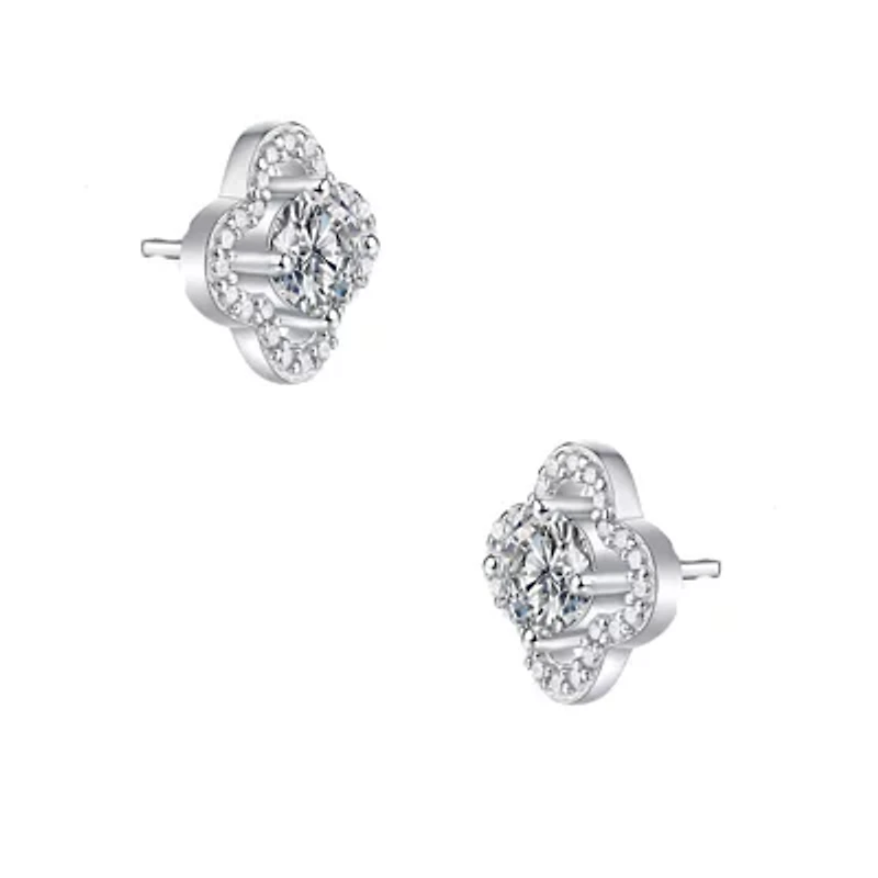 Sterling Silver White Gold Plated with 0.50ctw Lab Created Moissanite Four-Leaf Halo Cluster Stud Earrings