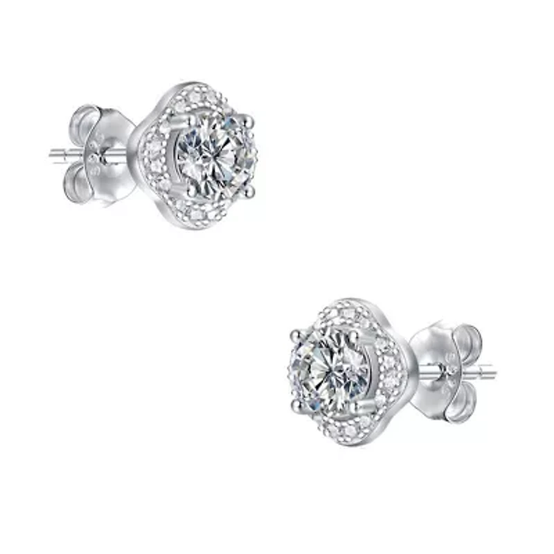 Sterling Silver White Gold Plated with 0.50ctw Lab Created Moissanite Round Halo Floral Cluster Stud Earrings