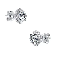 Sterling Silver White Gold Plated with 0.50ctw Lab Created Moissanite Round Halo Floral Cluster Stud Earrings
