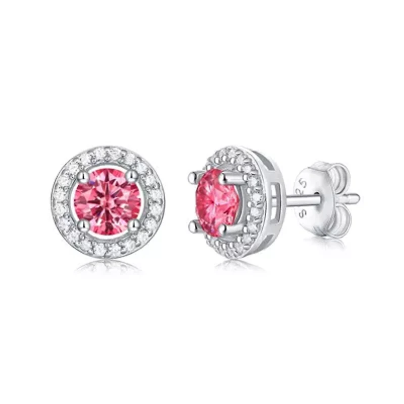 Lab Created Sterling Silver White Gold Plating with 0.50 Lab-Grown Pink & White Moissanite Round Halo Stud Earrings