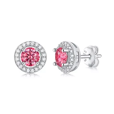 Lab Created Sterling Silver White Gold Plating with 0.50 Lab-Grown Pink & White Moissanite Round Halo Stud Earrings