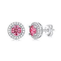 Lab Created Sterling Silver White Gold Plating with 0.50 Lab-Grown Pink & White Moissanite Round Halo Stud Earrings