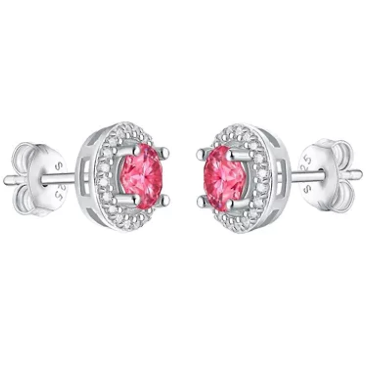 Lab Created Sterling Silver White Gold Plating with 0.50 Lab-Grown Pink & White Moissanite Round Halo Stud Earrings