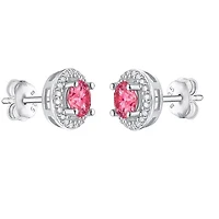 Lab Created Sterling Silver White Gold Plating with 0.50 Lab-Grown Pink & White Moissanite Round Halo Stud Earrings