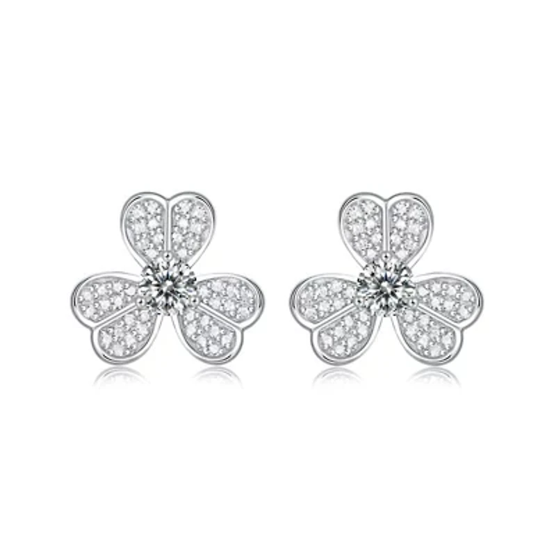 Sterling Silver White Gold Plated with 0.25ctw Lab Created Moissanite Blooming Flower Petal Stud Earrings
