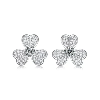 Sterling Silver White Gold Plated with 0.25ctw Lab Created Moissanite Blooming Flower Petal Stud Earrings