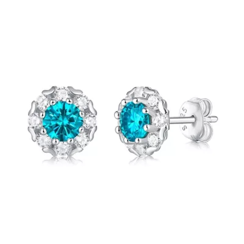 Lab Created Sterling Silver White Gold Plated with 0.50ctw Lab-Created Moissanite & Blue Topaz Round Halo Stud Earrings