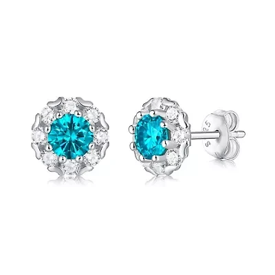 Lab Created Sterling Silver White Gold Plated with 0.50ctw Lab-Created Moissanite & Blue Topaz Round Halo Stud Earrings