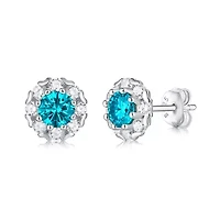 Lab Created Sterling Silver White Gold Plated with 0.50ctw Lab-Created Moissanite & Blue Topaz Round Halo Stud Earrings