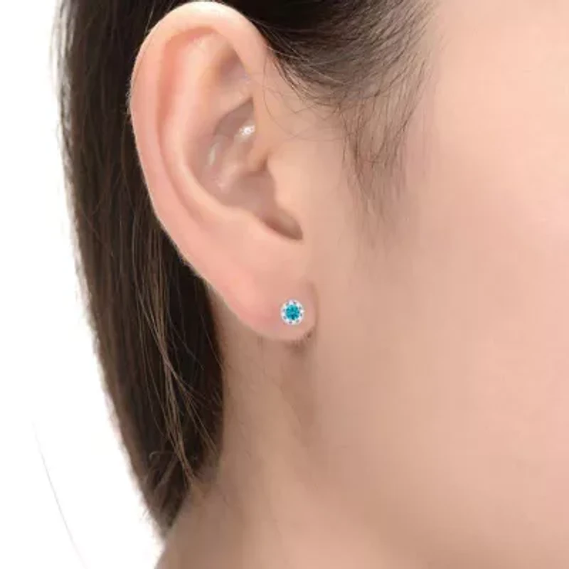 Lab Created Sterling Silver White Gold Plated with 0.50ctw Lab-Created Moissanite & Blue Topaz Round Halo Stud Earrings