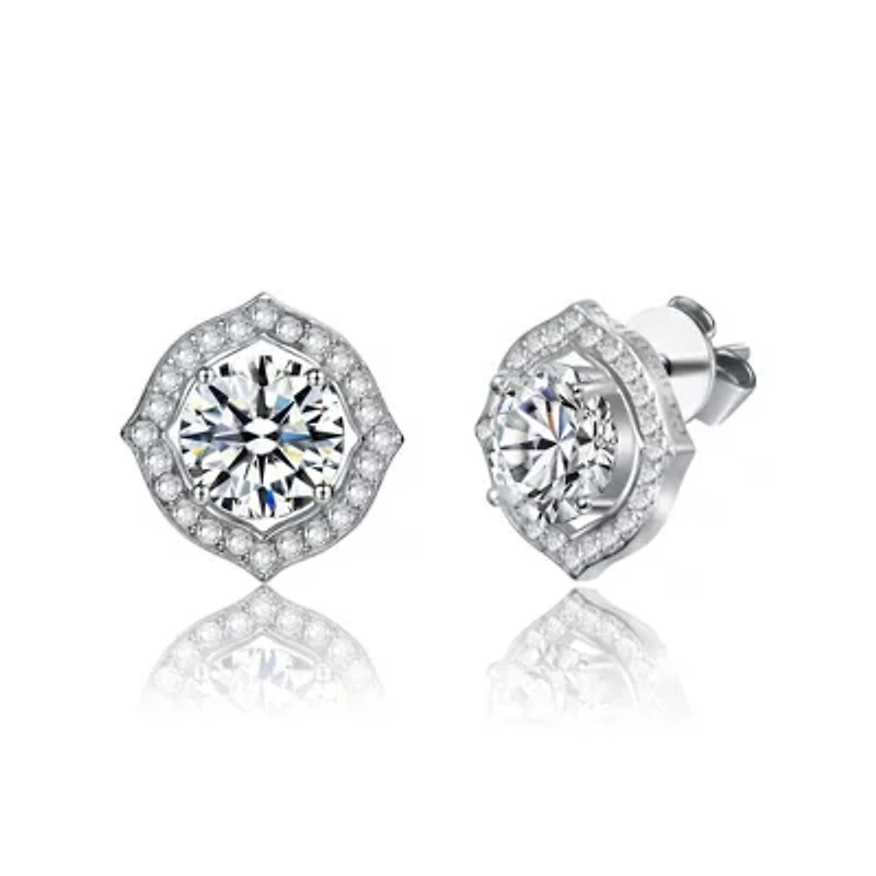 Sterling Silver White Gold Plated with 2.34ctw Lab Created Moissanite Round Geometric Halo Stud Earrings