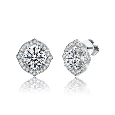 Sterling Silver White Gold Plated with 2.34ctw Lab Created Moissanite Round Geometric Halo Stud Earrings