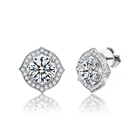 Sterling Silver White Gold Plated with 2.34ctw Lab Created Moissanite Round Geometric Halo Stud Earrings