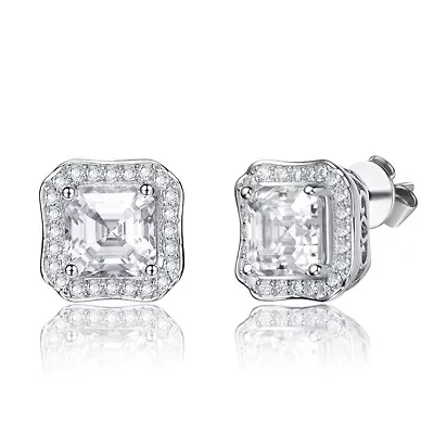Sterling Silver White Gold Plated with 2.50ctw Radiant Lab Created Moissanite Halo Vintage Geometric Square Stud Earrings