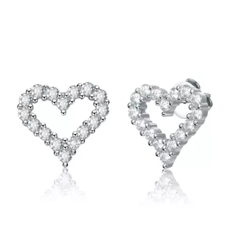 Sterling Silver Whote Gold Plated with 1ctw Lab Created Moissanite French Pave Heart Halo Stud Earrings