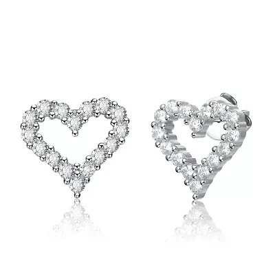 Sterling Silver Whote Gold Plated with 1ctw Lab Created Moissanite French Pave Heart Halo Stud Earrings