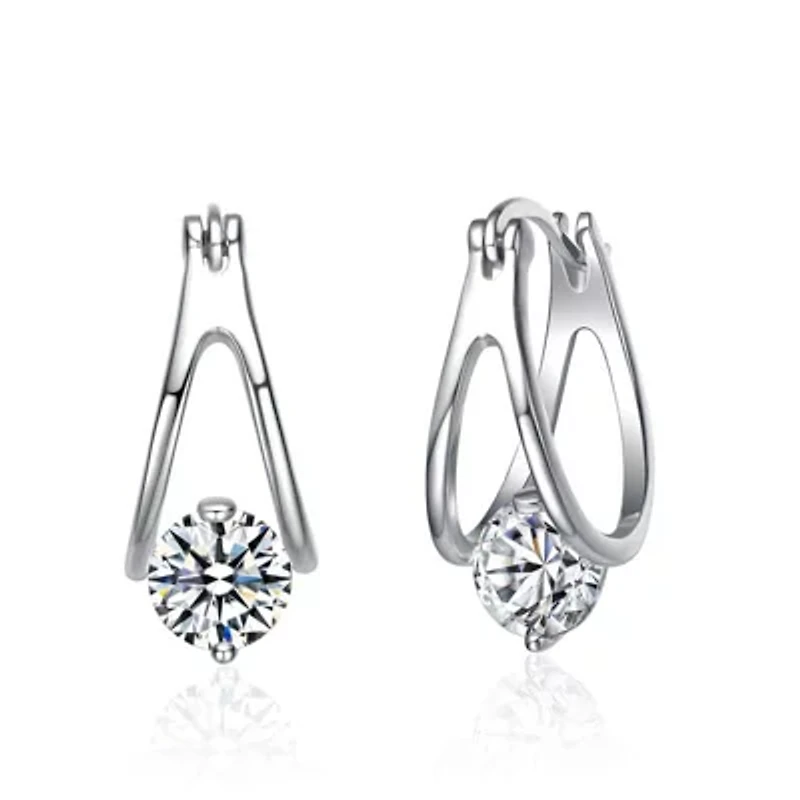 Sterling Silver White Gold Plated with 1.50ctw Lab Created Moissanite Solitaire Double Hoop Earrings