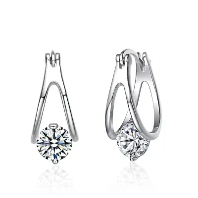 Sterling Silver White Gold Plated with 1.50ctw Lab Created Moissanite Solitaire Double Hoop Earrings