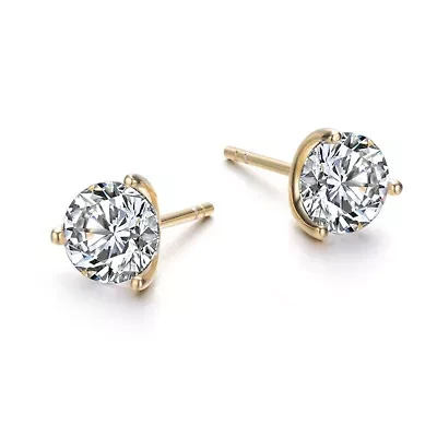 Lab Created Sterling Silver 14K Gold Plated with 2.40ctw Lab-Created Moissanite 3-Prong Martini Solitaire Stud Earrings