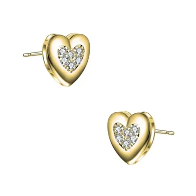 Sterling Silver 14K Gold Plated with 0.18ctw Lab Created Moissanite Pave Heart Stud Earrings