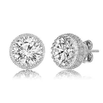 Sterling Silver White Gold Plated with 4ctw Lab Created Moissanite Solitaire Crown Pave Stud Earrings