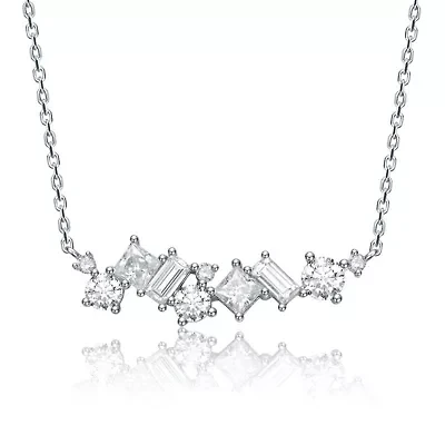 Sterling Silver White Gold Plated with Lab Created Moissanite Cluster Cascade Necklace
