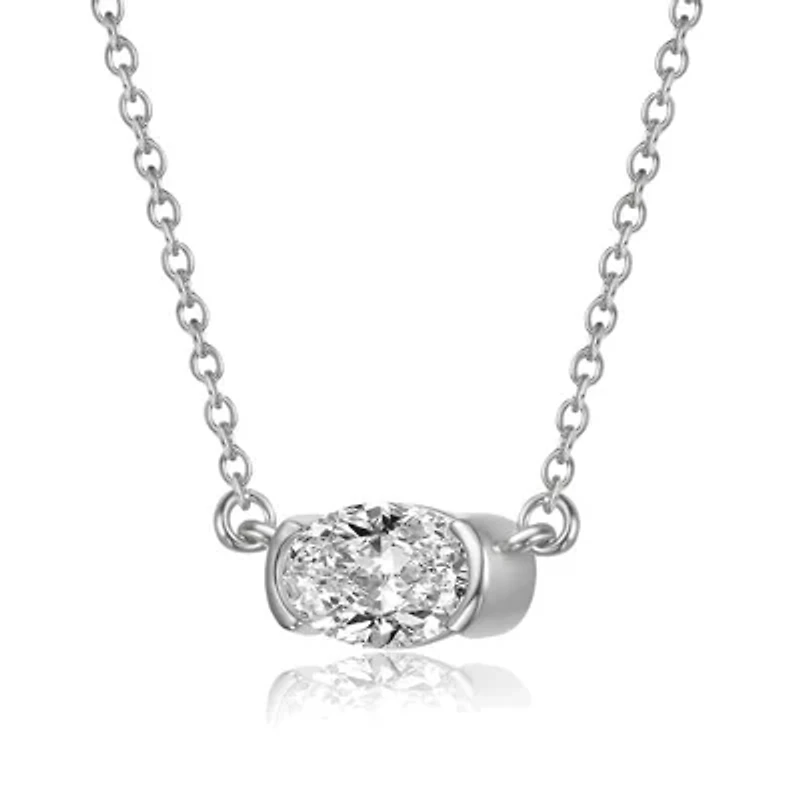 Sterling Silver White Gold Plated with Lab Created Moissanite East-West Oval Solitaire Necklace