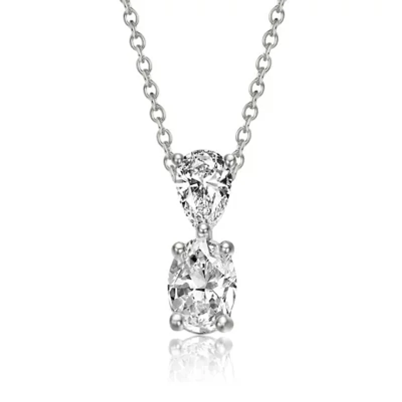Sterling Silver White Gold Plated with Lab Created Moissanite Two-Stone Drop Pendant Necklace