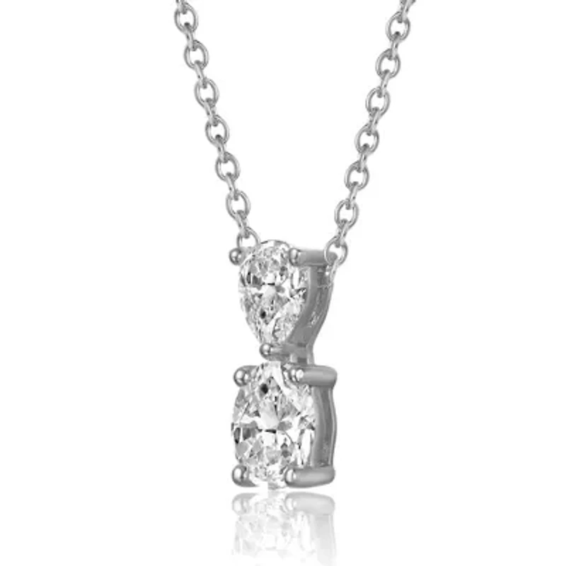 Sterling Silver White Gold Plated with Lab Created Moissanite Two-Stone Drop Pendant Necklace
