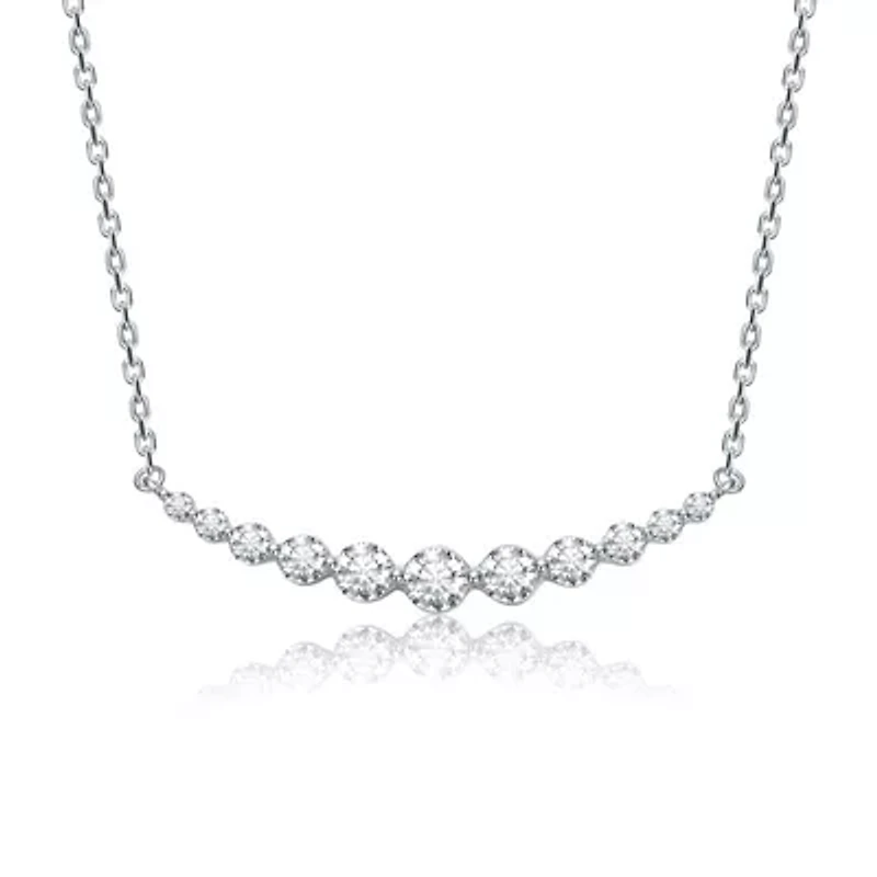Sterling Silver White Gold Plated with 0.09ct Lab Created Moissanite Curved Bar Pendant Necklace