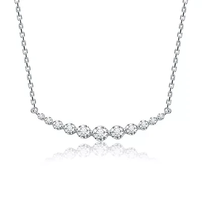 Sterling Silver White Gold Plated with 0.09ct Lab Created Moissanite Curved Bar Pendant Necklace