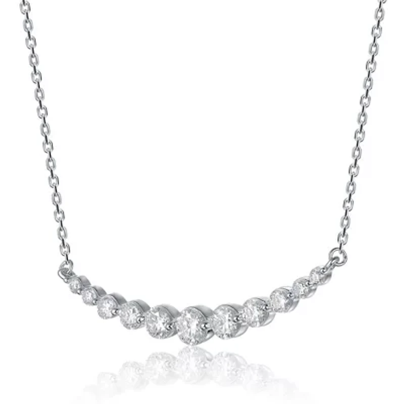 Sterling Silver White Gold Plated with 0.09ct Lab Created Moissanite Curved Bar Pendant Necklace