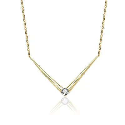 Lab Created Sterling Silver 14K Gold Plated with Clear Moissanite Solitaire Chevron Necklace