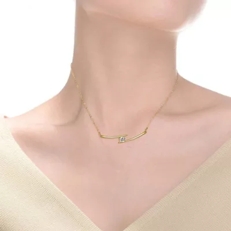 Sterling Silver 14K Gold Plated with 0.30ctw Lab Created Moissanite Solitaire Chevron Bar Pendant Necklace