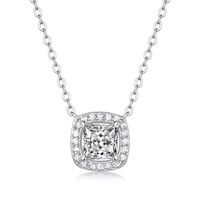 Lab Created Sterling Silver White Gold Plated with 1ct Princess Lab-Grown Moissanite Cushion Halo Necklace