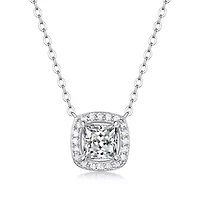 Lab Created Sterling Silver White Gold Plated with 1ct Princess Lab-Grown Moissanite Cushion Halo Necklace