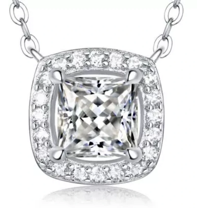 Lab Created Sterling Silver White Gold Plated with 1ct Princess Lab-Grown Moissanite Cushion Halo Necklace
