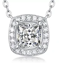 Lab Created Sterling Silver White Gold Plated with 1ct Princess Lab-Grown Moissanite Cushion Halo Necklace