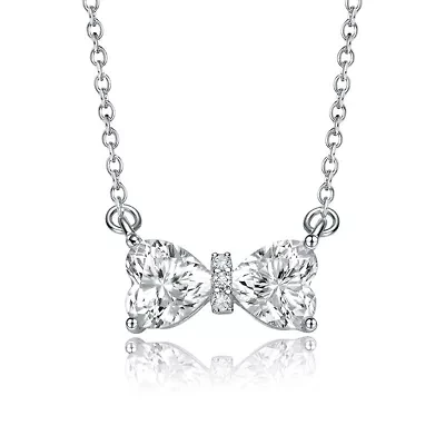 Sterling Silver White Gold Plated with 1.50ctw Lab Created Moissanite Bow-Tie Pendant Necklace