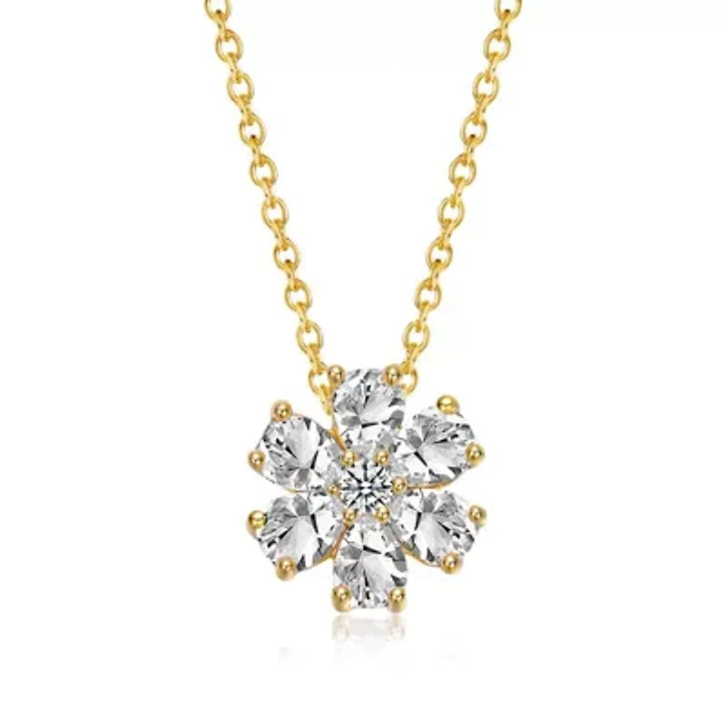 Lab Created Sterling Silver 14K Gold Plated with Lab-Created Moissanite Daisy Cluster Pendant Necklace