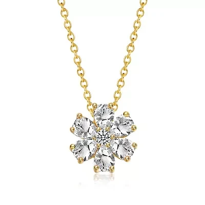 Lab Created Sterling Silver 14K Gold Plated with Lab-Created Moissanite Daisy Cluster Pendant Necklace