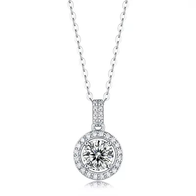 Sterling Silver White Gold Plated with 1ctw Lab Created Moissanite Halo Drop Pendant Necklace