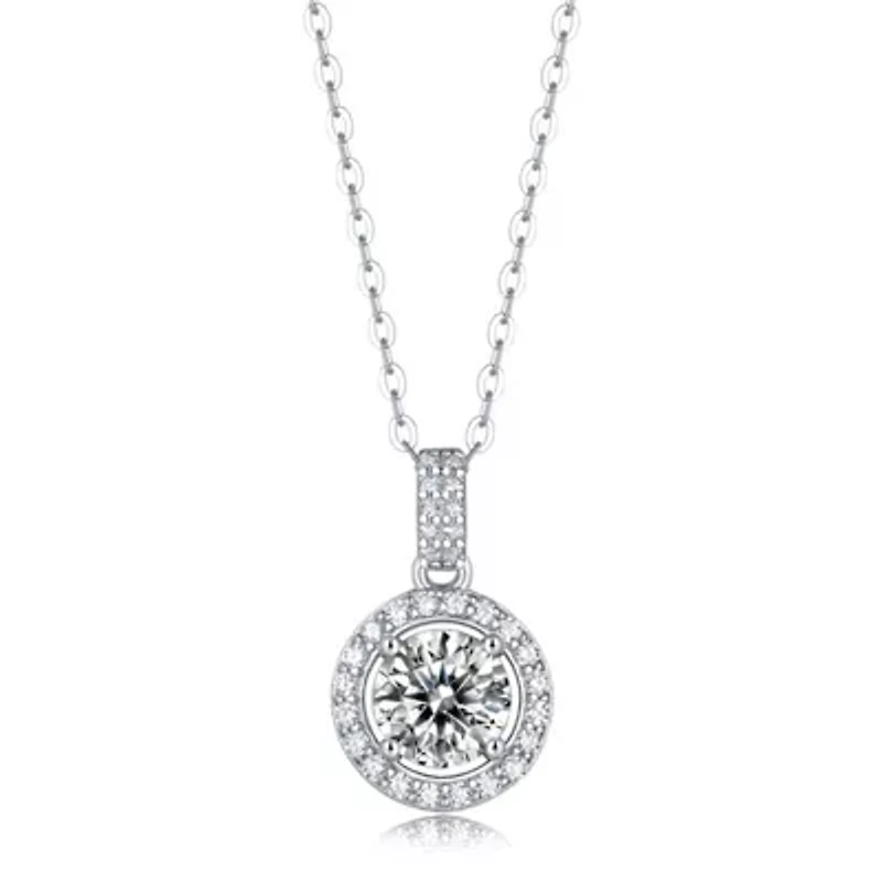 Sterling Silver White Gold Plated with 2ctw Lab Created Moissanite Round Halo Pendant Necklace