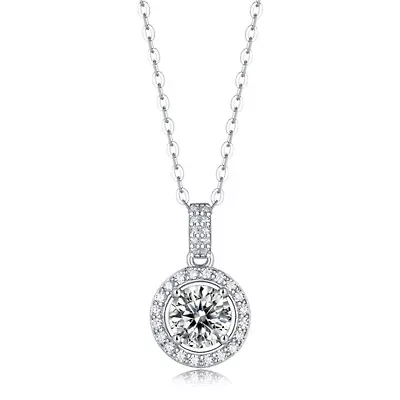 Sterling Silver White Gold Plated with 2ctw Lab Created Moissanite Round Halo Pendant Necklace